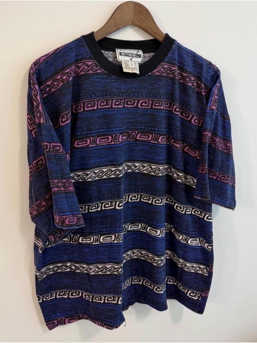 Vintage 90s Steel Striped Patterned Tee Made in Canada Oversized Boxy Fit